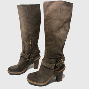 Prada Buckle Harness Moto Suede Knee-High Boots